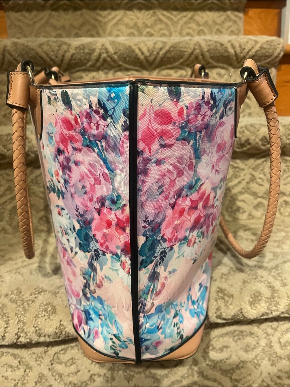Nanette Lepore Pink Floral Tote with Tan Trim - Picture 6 of 13